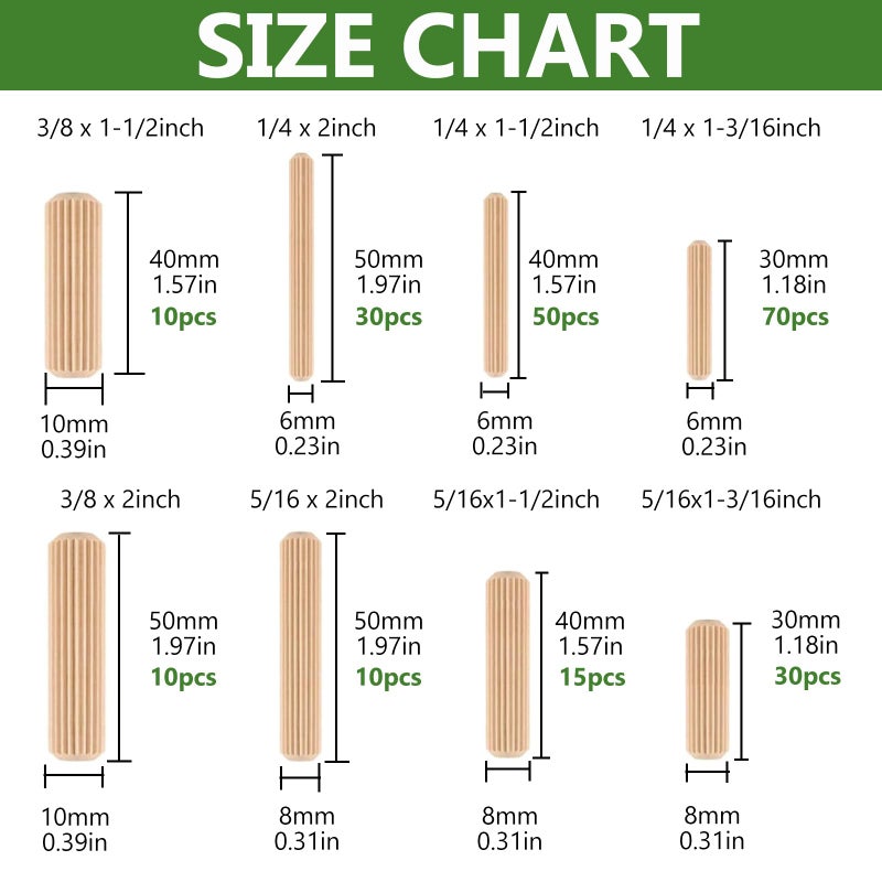 Tanbupu 225Pcs 8 Values Wood Dowels Kit 1/4"" 5/16"" 3/8"", Wooden Dowel Pins, Fluted Wood Dowels Rods for Crafts, Furniture, DIY Manual - Image 2